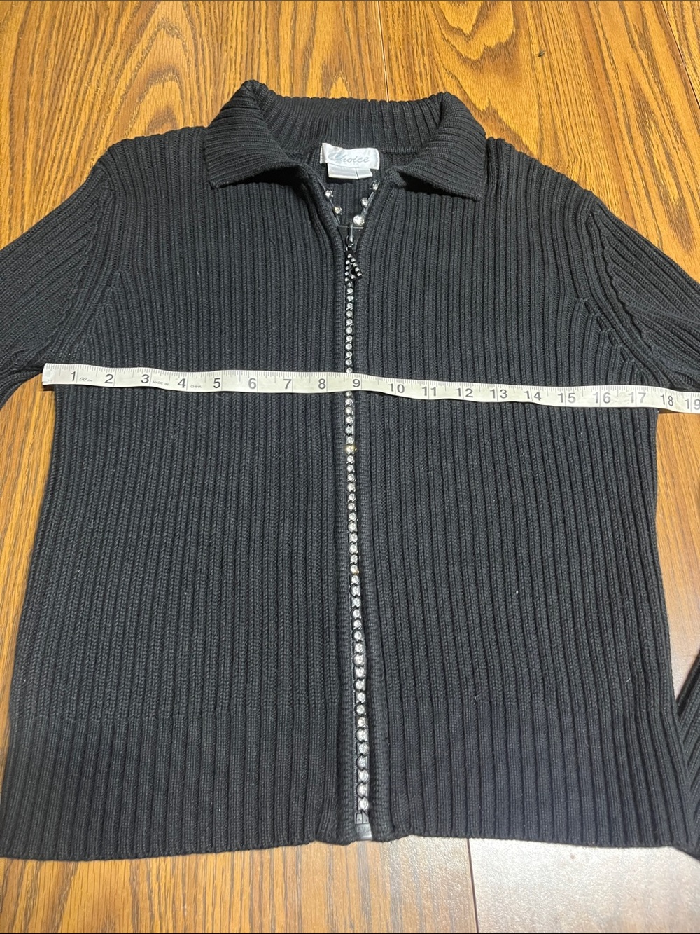 Choice Black Ribbed Zip-Front Sweater with Rhinestone Zipper Size Medium